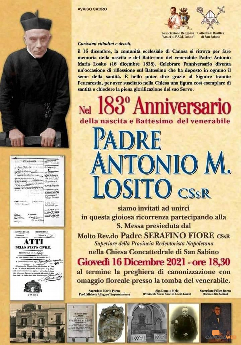 Nel 183º Anniversario della Nascita e del Battesimo del Venerabile Padre Antonio Maria Losito