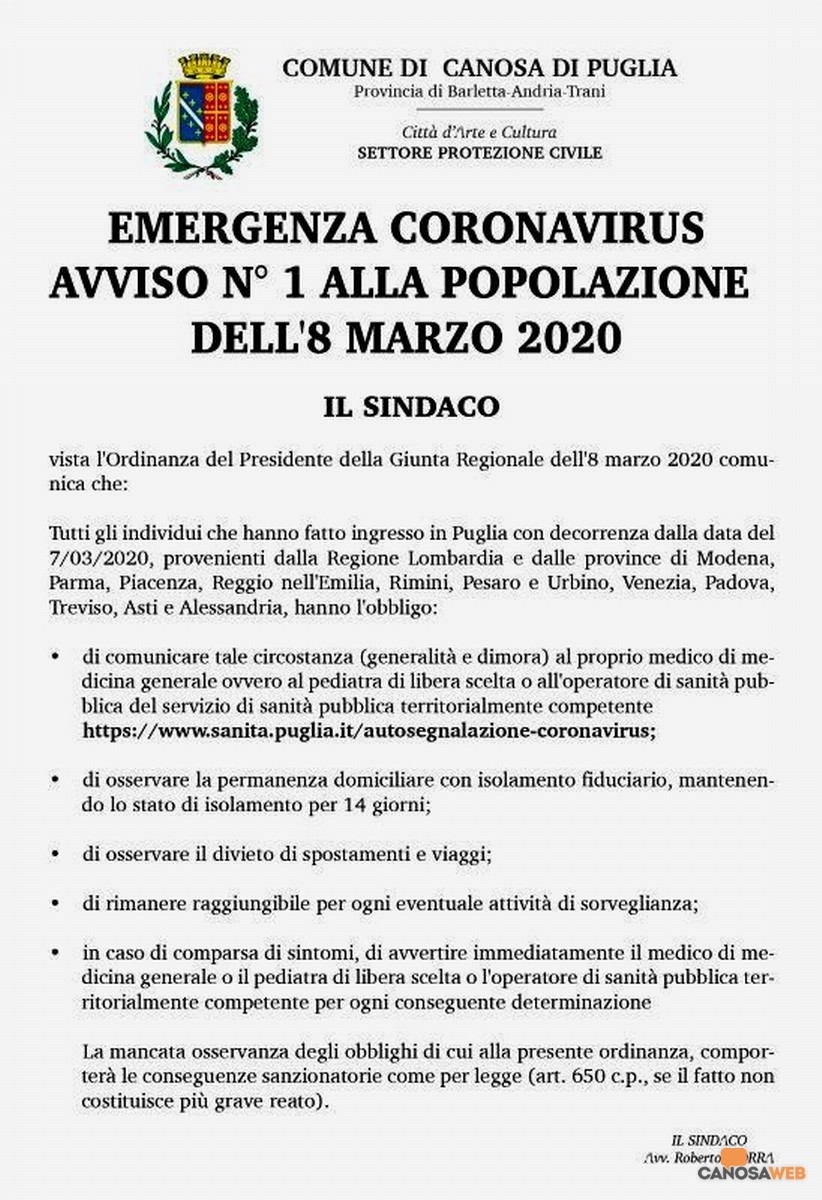 Emergenza  Coronavirus: Avviso n.1 Comune di Canosa di Puglia 8/3/2020