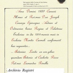 Documento di cresima di Padre Antonio Maria Losito