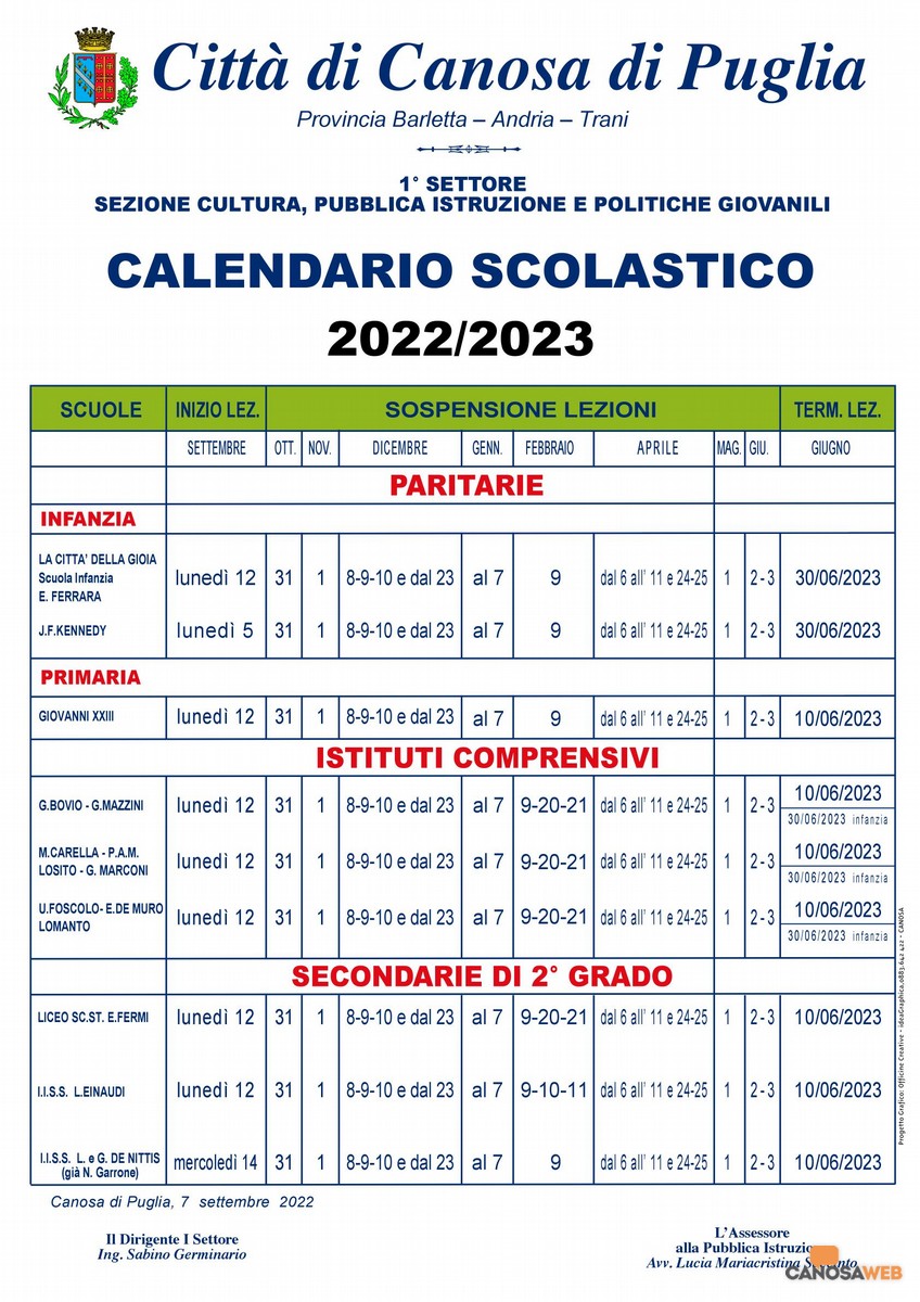 Canosa di Puglia : Calendario Anno Scolastico 2022-2023