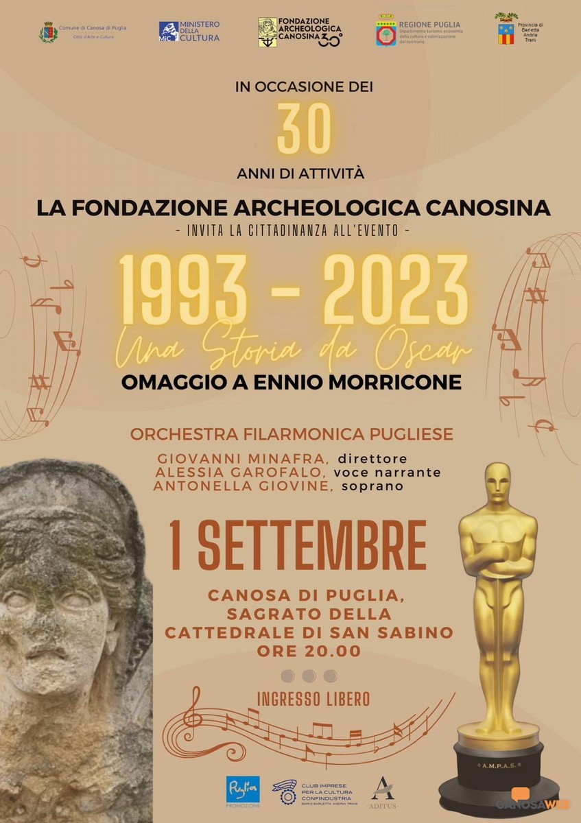 Canosa: Concerto ”Fondazione Archeologica Canosina 1993-2023- Una Storia da Oscar”