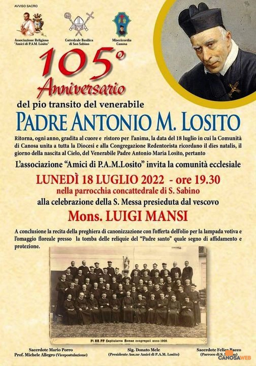 Canosa: 105° Anniversario del pio transito del Venerabile Padre Antonio Maria Losito Redentorista